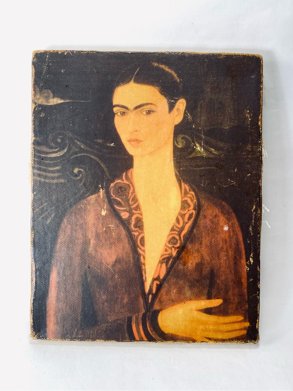 9” x 7"  Vintage Frida Kahlo Self Portrait in a Velvet Dress Print Canvas Patina